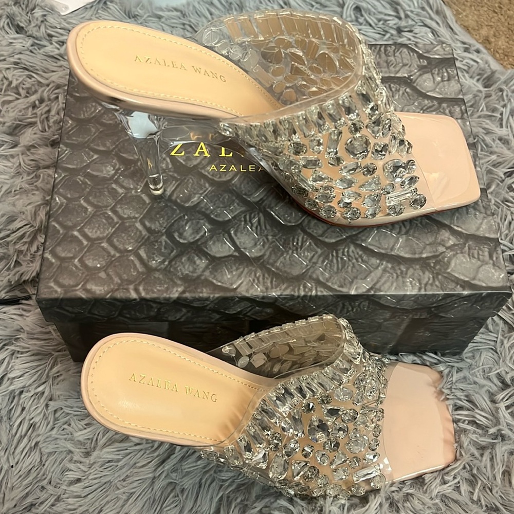 Azalea Wang square toed heels glitter stone gems.